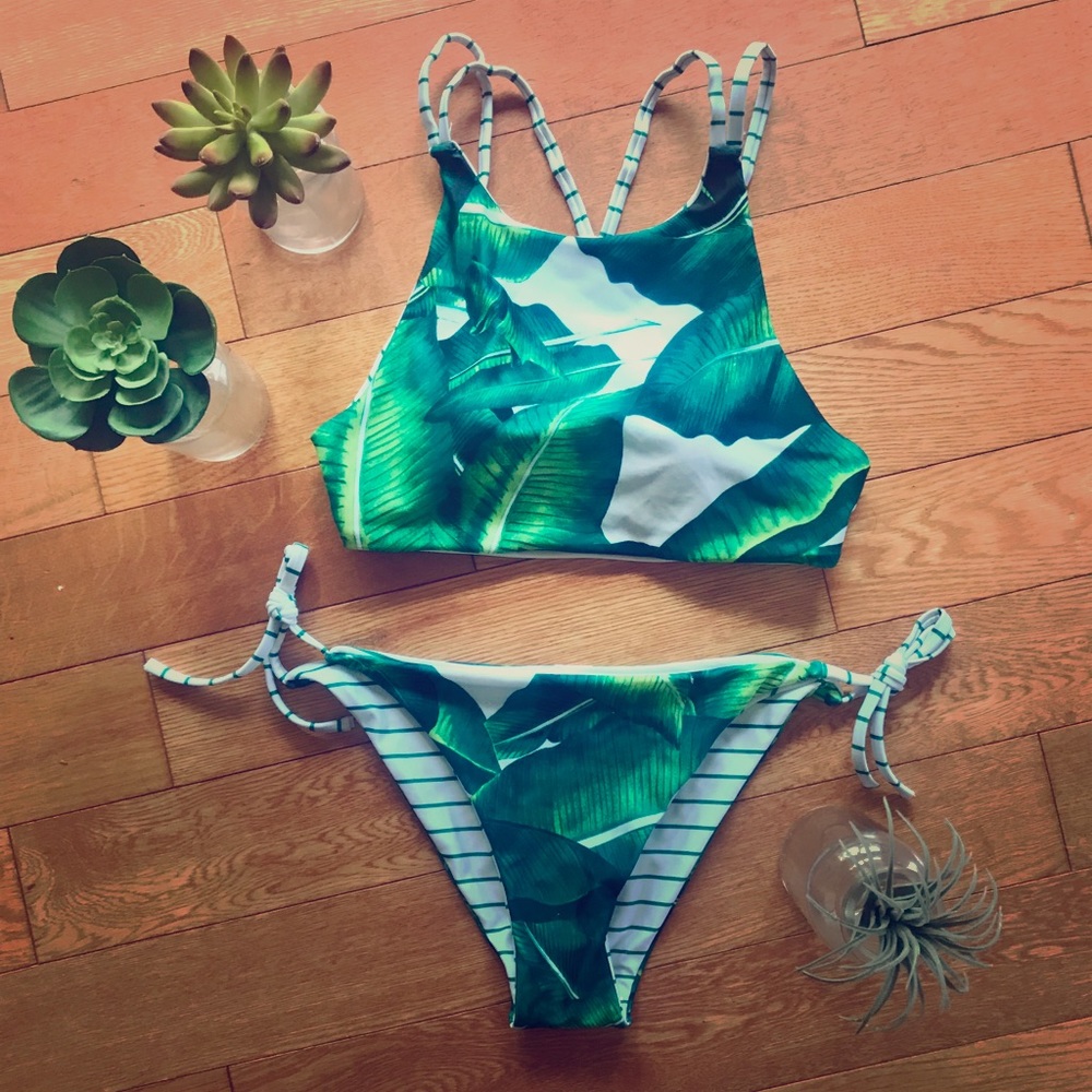 Banana leaf print reversible bikini